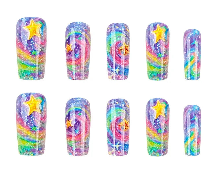 24pcs Radiant Star Gradient Press on Nails Colorful Stars Simple Nails Full Cover Wearable False Nails