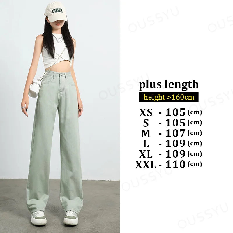 Jeans Women's High Waist Straight Wide Leg Cotton Y2K Denim Clothing Streetwear Vintage Fashion Pants Blue White Leisure Trouser Green-plus