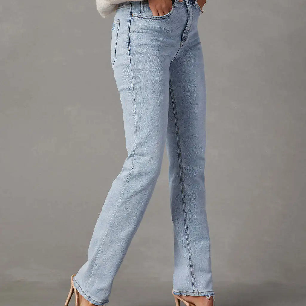 Women Blue Straight Denim Pants Female All-Match High Waist Vintage Zipper Jeans with Pockets