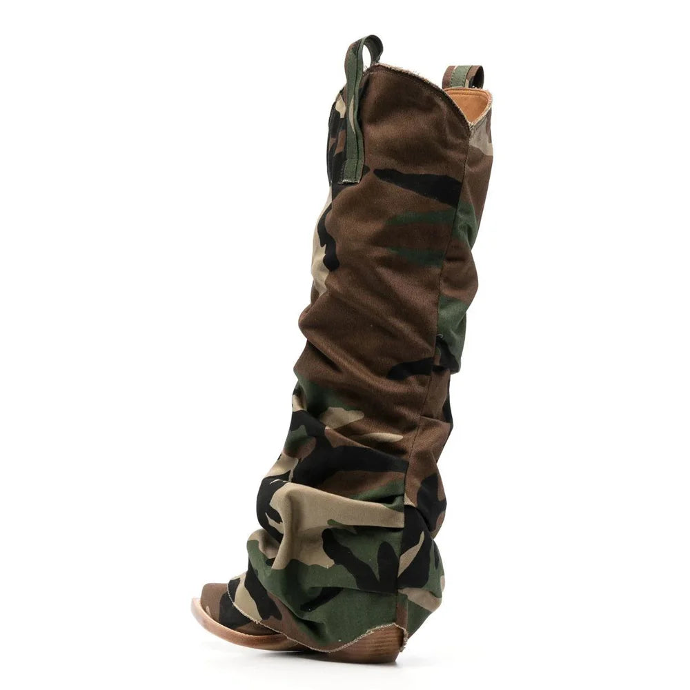 YJXKJY 2023 European and American New Women's Camouflage Denim Wedge-Soled Shoes Sleeve Knee Boots Camo Female Big Size Shoes