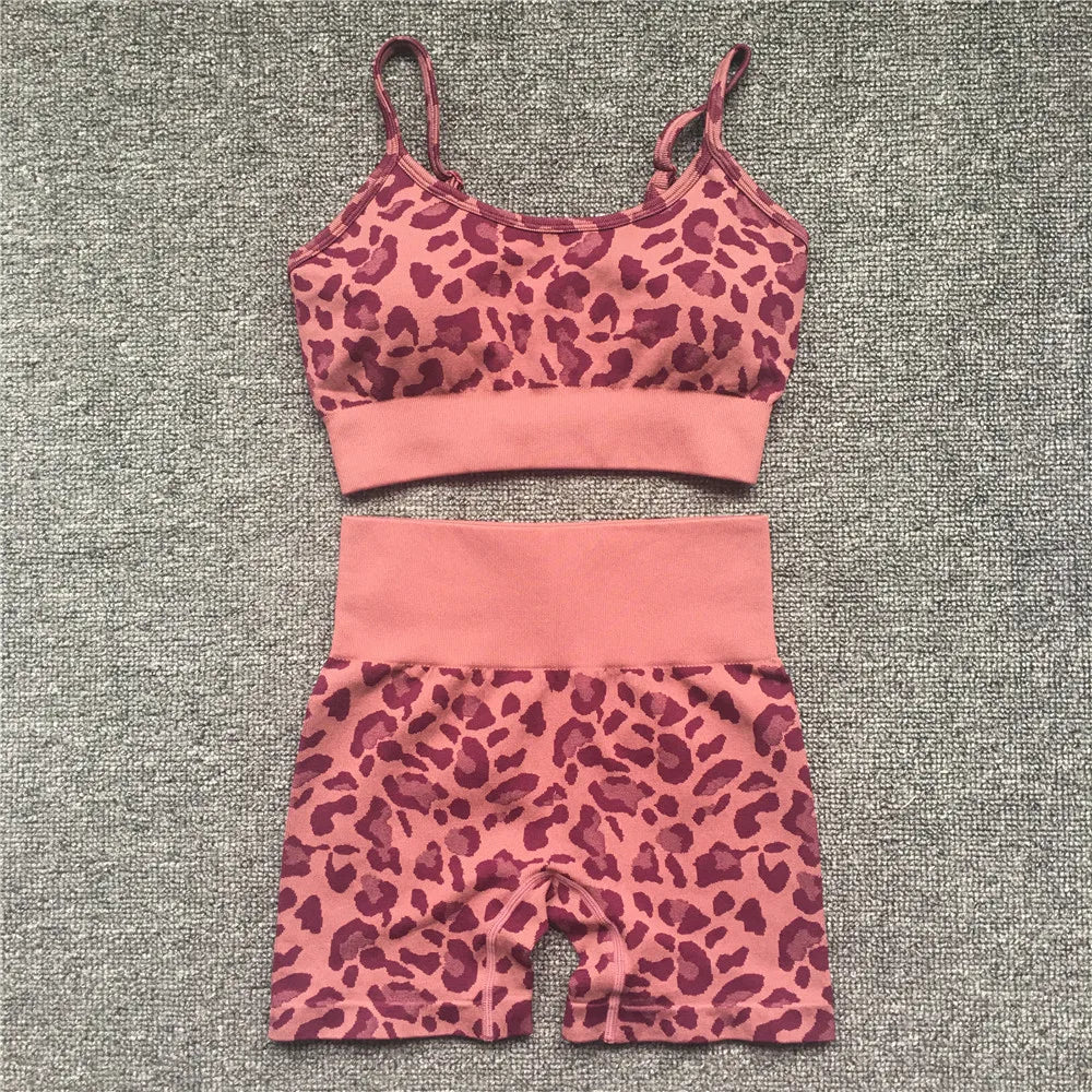 Women Fashion Sexy Leopard Printed 2 PCS Yoga Set Gym Shockproof Sports Bras Sport Leggings Running Work Out Training Suit red bra st set