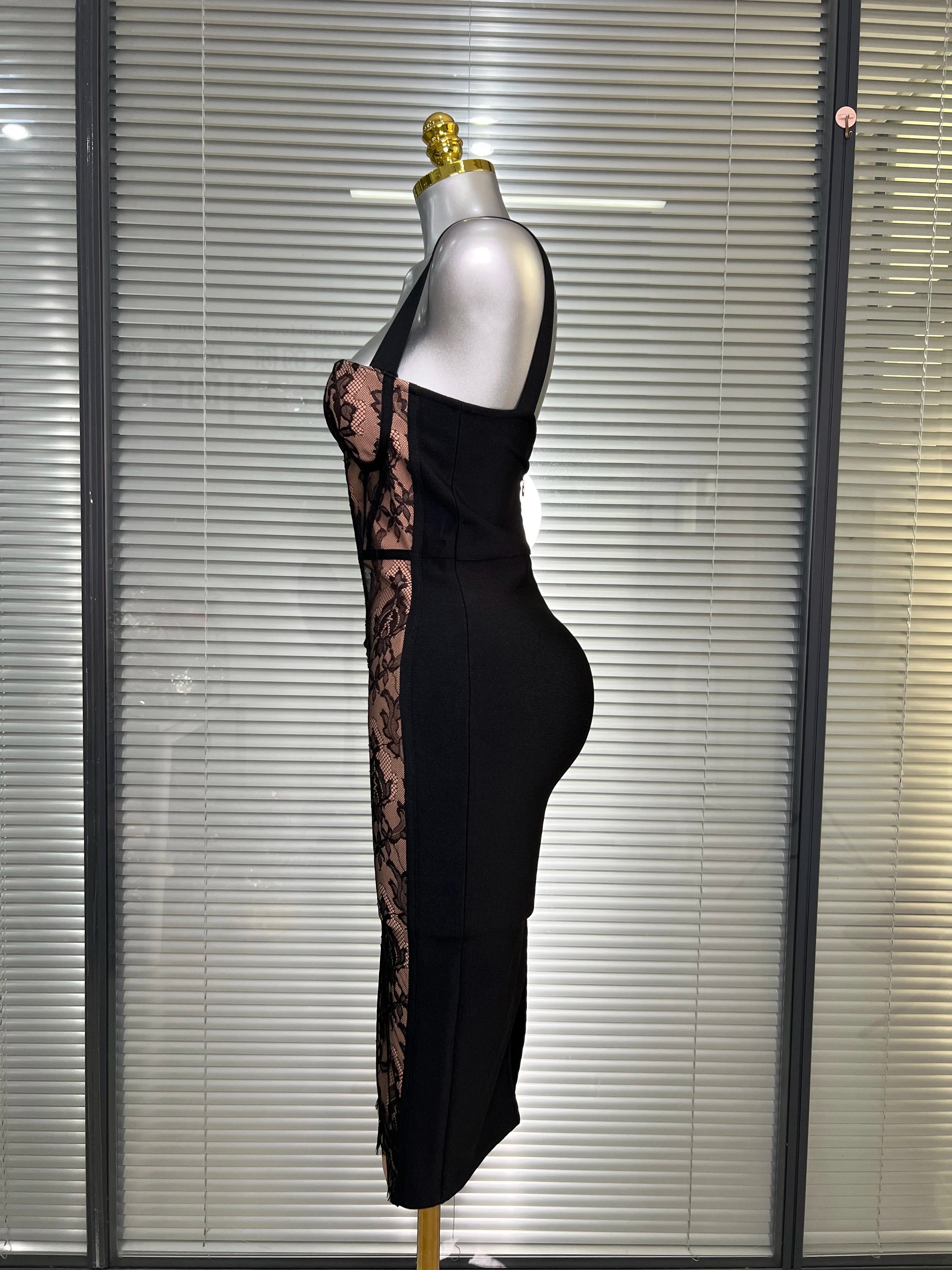 Vestido New INS Sexy Women Black Lace Midi Bandage Dress Celebrity Elegant High Street Knitted Bodycon Party Dress