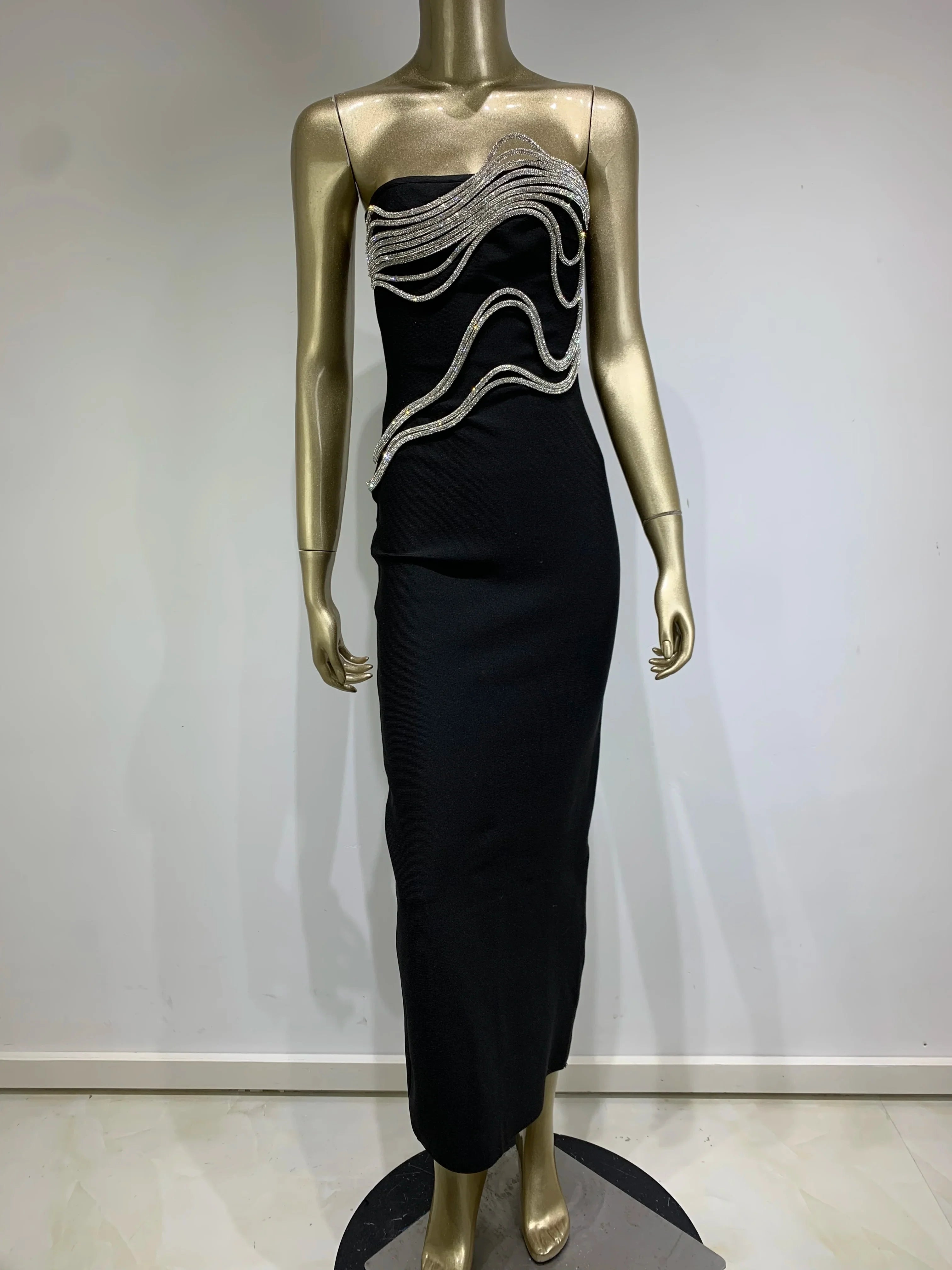 Vestido longo preto longo, sem alças, colado ao corpo, elegante, para festa noturna, celebridades, sexy, sem costas, diamantes