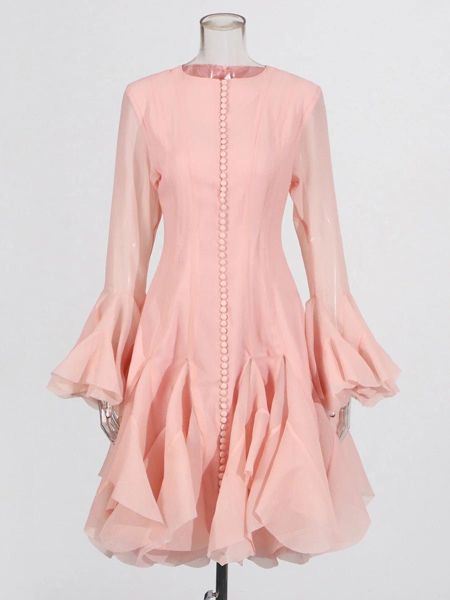 TWOTWINSTYLE Solid Spliced Button Slimming Dresses For Women O Neck Long Sleeve High Waist Patchwork Ruffles Female Fashion