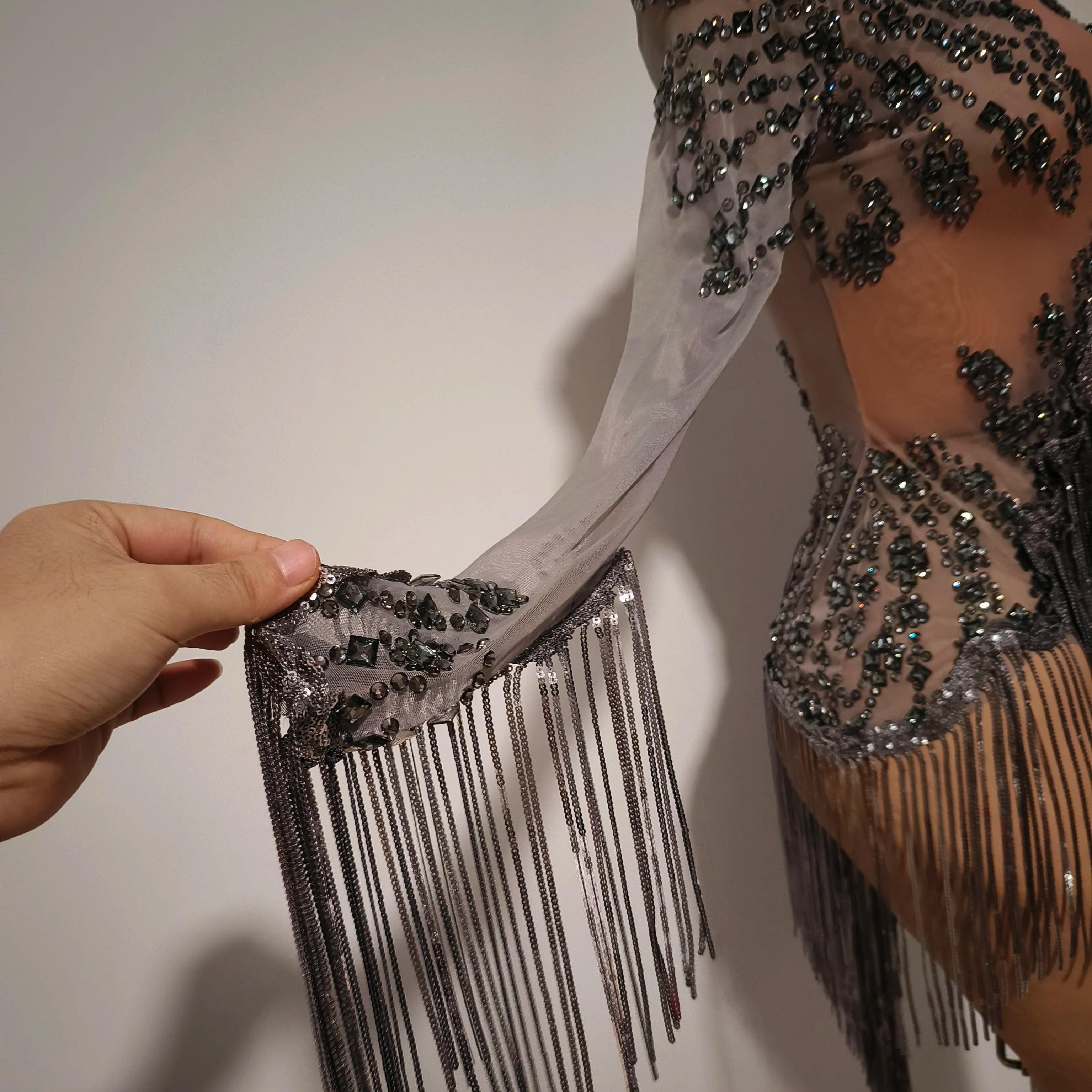 Women Sexy Gray Silver Tassel Crystal Diamonds Stretchy Night Club See Through Singer Dancer Stage Costume Party Bodysuit