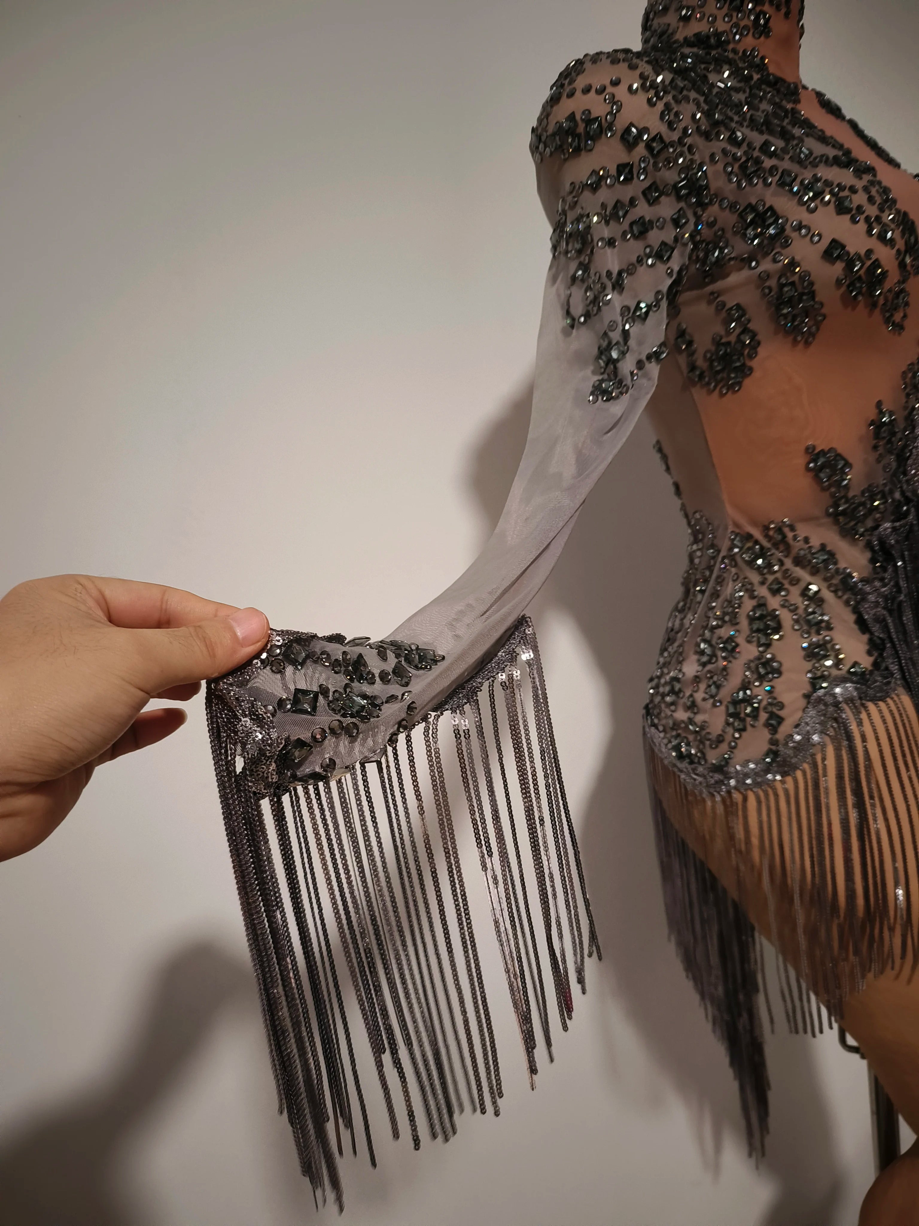 Women Sexy Gray Silver Tassel Crystal Diamonds Stretchy Night Club See Through Singer Dancer Stage Costume Party Bodysuit