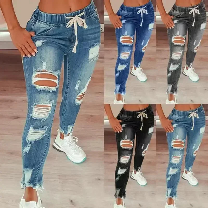High European and American Waist Ripped for Women Ripped Jeans for Women Elastic Waist Drawstring Jeans