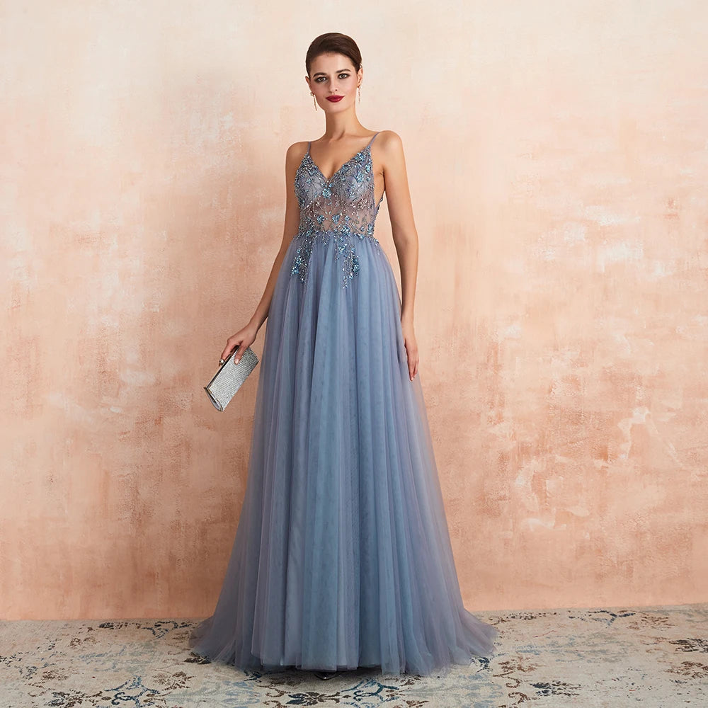 Gorgeous Evening Dresses with Slit Sexy V Neck Crystal Beaded Beads Backless Spaghetti Straps Formal Prom Gown