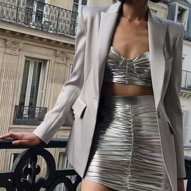 Fashion's Sexy Expose Waist Sliver Woman Sets Short Tank And Mini Skirt 2 Piece Young Lady High Street Wear Nightclub Outfit