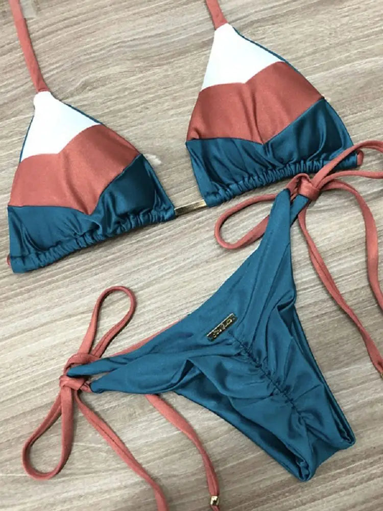 Sexy Halter Swimsuit Women Thong Micro Bikini Push Up 2023 Brazilian Bikini Tropical Plant Print Swimwear String Mini Swimsuit lv zong bai