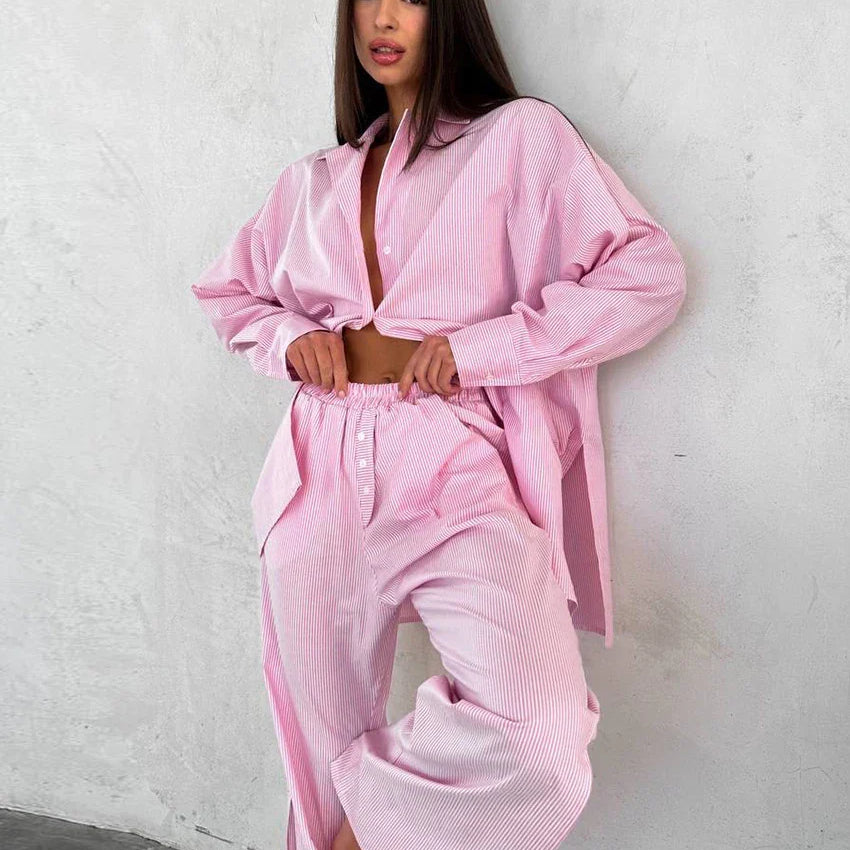 Clacive Fashion Loose Blue Stripe Cotton 2 Piece Sets Women Outfit Elegant Long Sleeve Shirt With High Waist Wide Pants Set