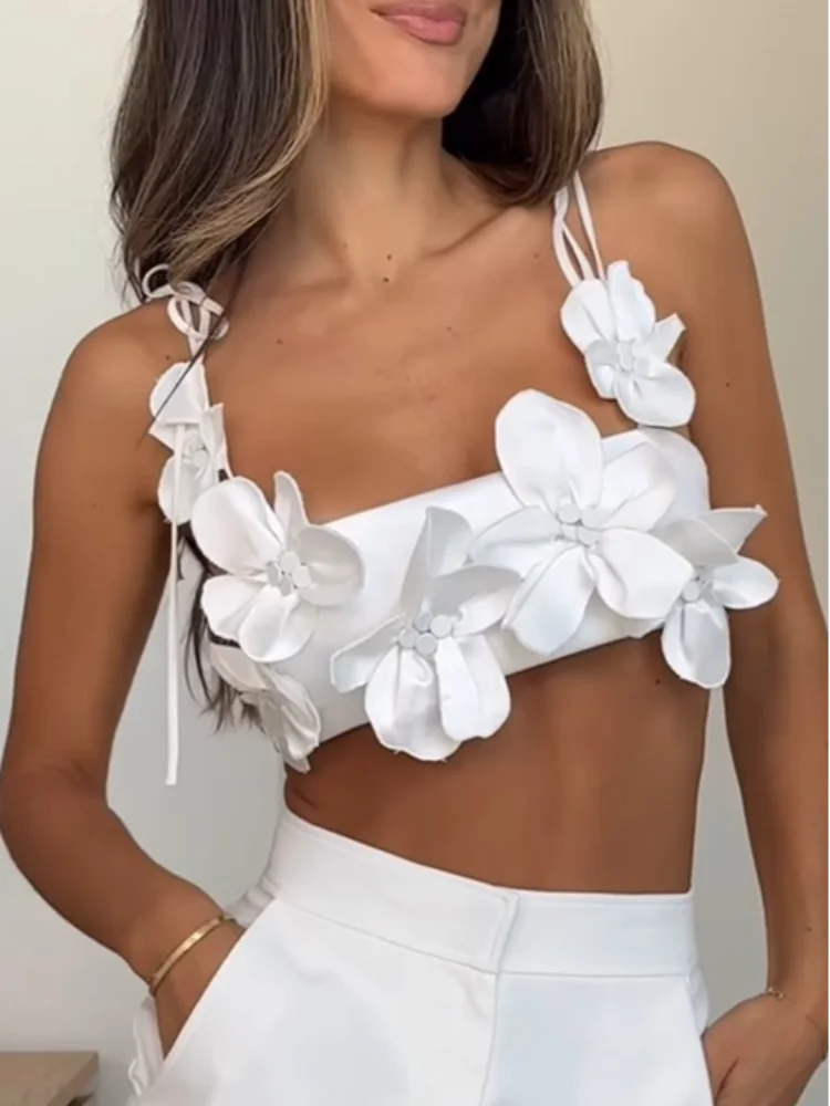 Summer Sexy 3d Flowers Sling Tank Tops Women Elegant Slim White Backless Crop Top New Chic Female Holiday Party Outfits