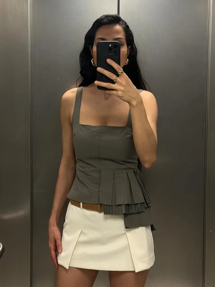HH TRAF Summer Woman Fashion Asymmetrical Tank Tops Casual Square Neck Slim Fit Sexy Backless Tops Female Chic Pleated Top