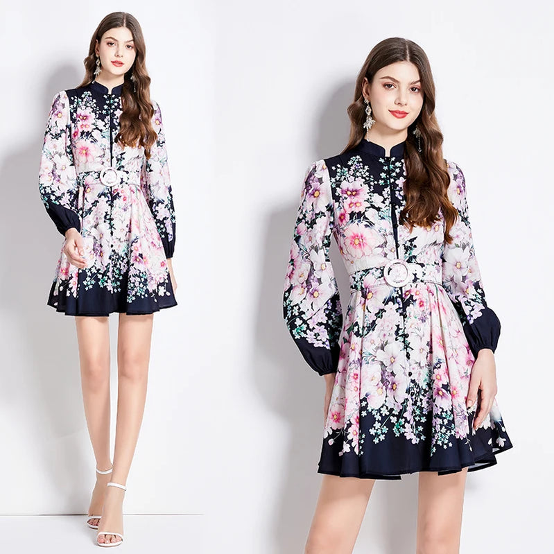 Women Linen Clothing Spring Summer Runway Fashion Flower Print Vintage Dress Stand Neck Long Lantern Sleeve Belted Mini Dress