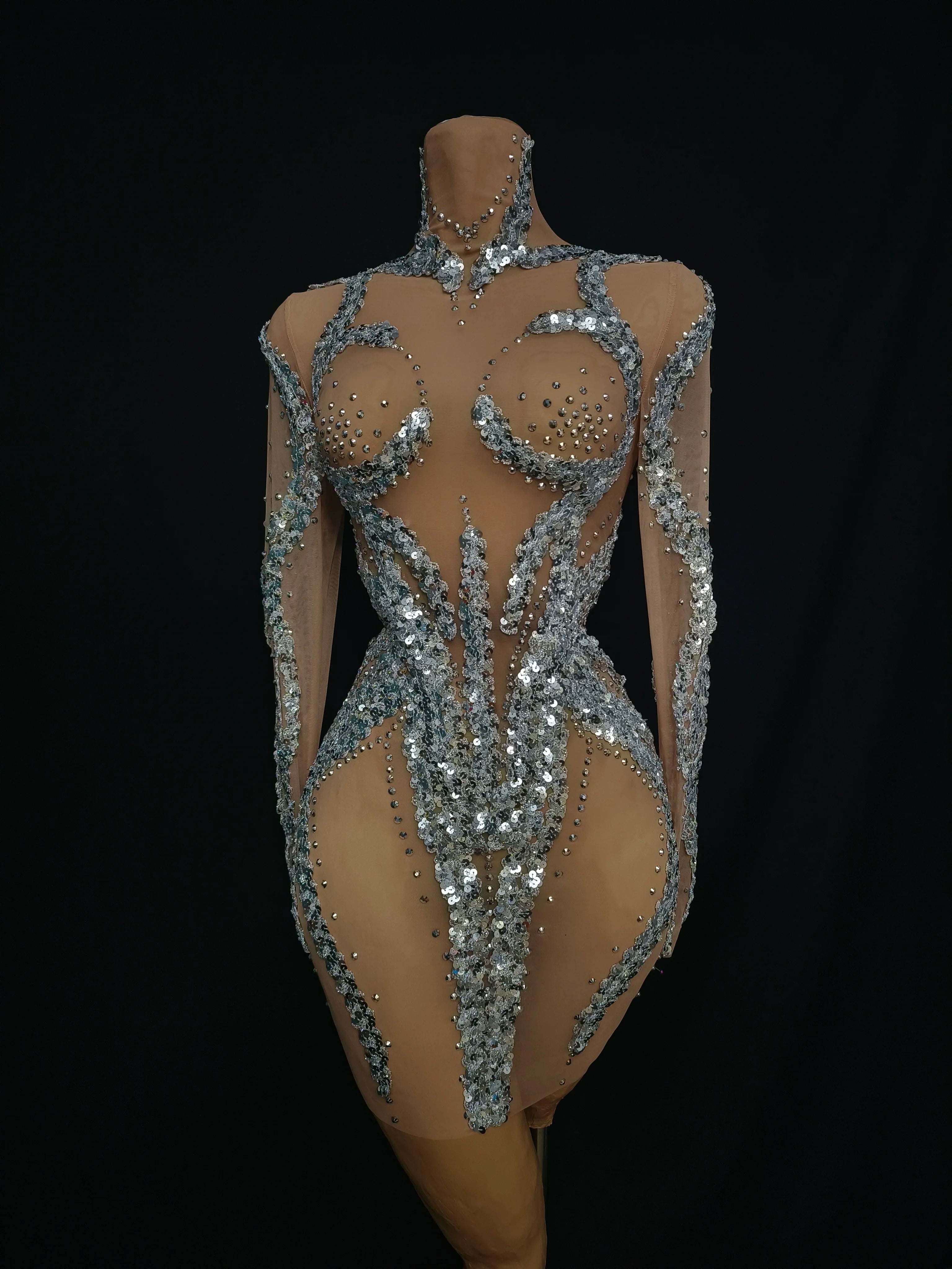 Women Sexy Mesh Crystal Nude Stretchy Long Sleeve Night Club See Through Singer Dancer tage Costume Mini Party Dress