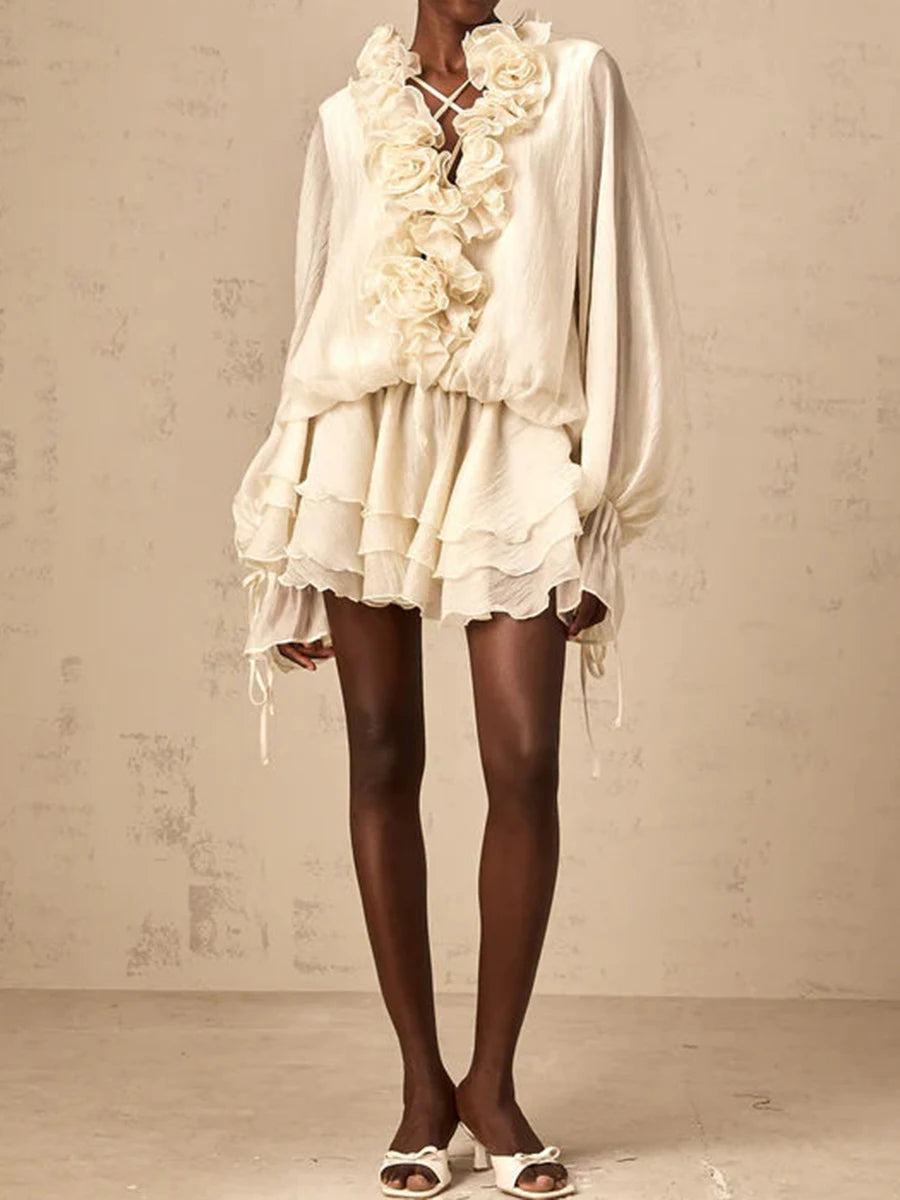 TWOTWINSTYLE Solid Loose Spliced 3D Flowers Dresses for Women V Neck Long Sleeves Patchwork Ruffles Fold Dress Female Clothing