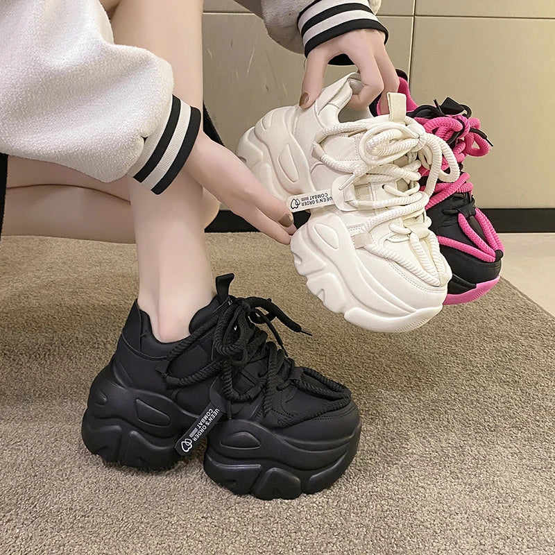 Women High Platform Sneakers 2023 New Autumn Breathable Chunky Dad Casual Shoes 7.5CM Thick Sole Trainers Leather Sneakers Woman