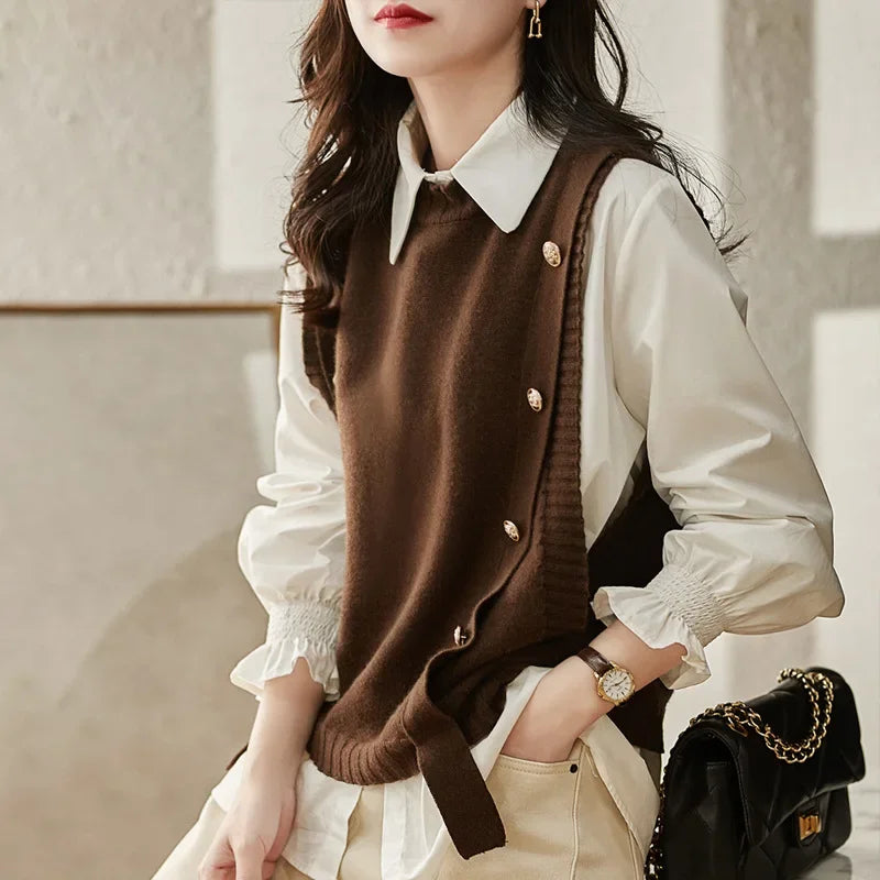 Fashion Knitted Vest for Women Sleeveless Sweater Vest Retro Knit Tank-Top Korean Female Autumn and Winter Knit Pullover Brown