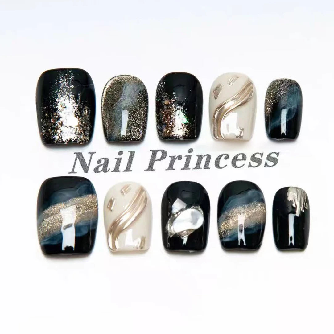 10Pcs Hand-drawn Smudging Black Press on Nails Set for Spice Girls Glitter Glossy Short Ballet Detachable Cool Finished Manicure