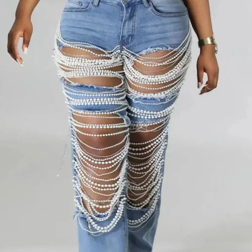CM.YAYA Women Fashion Pearl Beading Ripped Hollow Out Tassel Wide Leg Jeans 2024 New Summer INS Street Denim Pants Trousers
