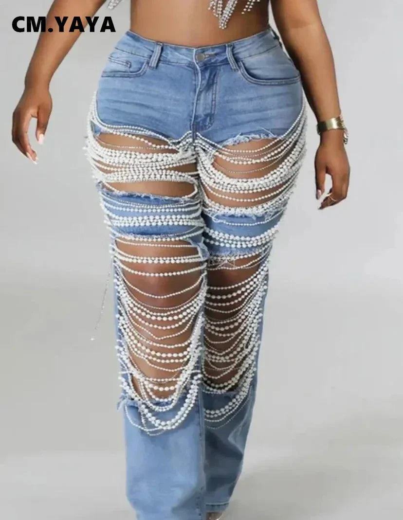 CM.YAYA Women Fashion Pearl Beading Ripped Hollow Out Tassel Wide Leg Jeans 2024 New Summer INS Street Denim Pants Trousers