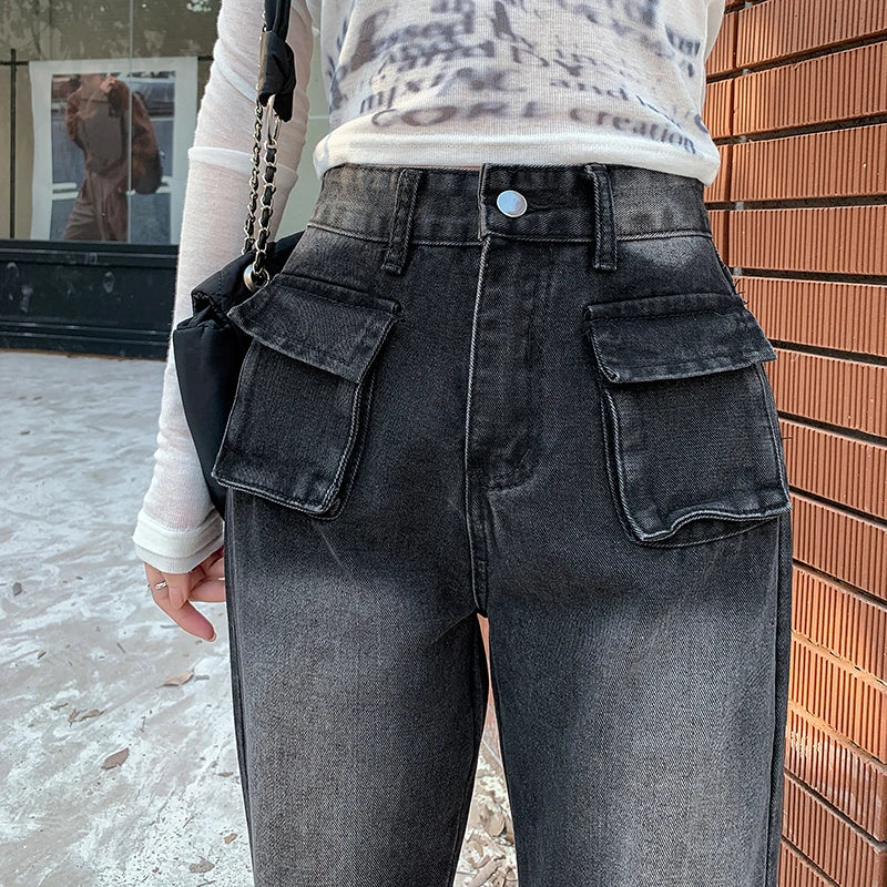 Autumn Winter New Straight Tube Cargo Jeans Woman American Retro High Waist Pants Ladies Multipocket Y2k Baggy Jeans Women's