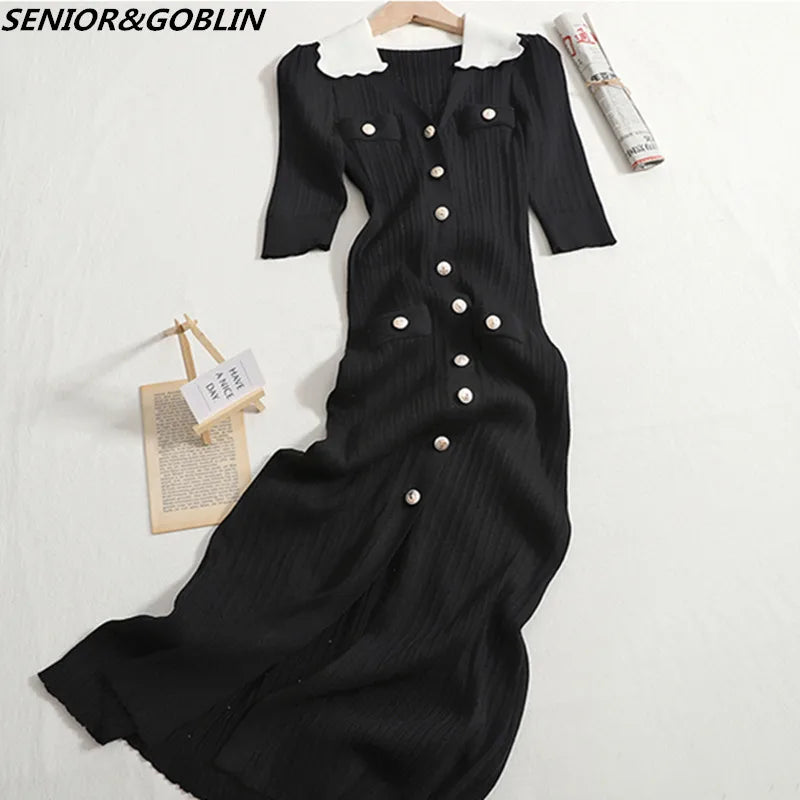 High Quality Summer New Arrival Fashion Women Lapel Color Contrast Short Sleeve Luxury Decoration Knitting Dress Female Sweater