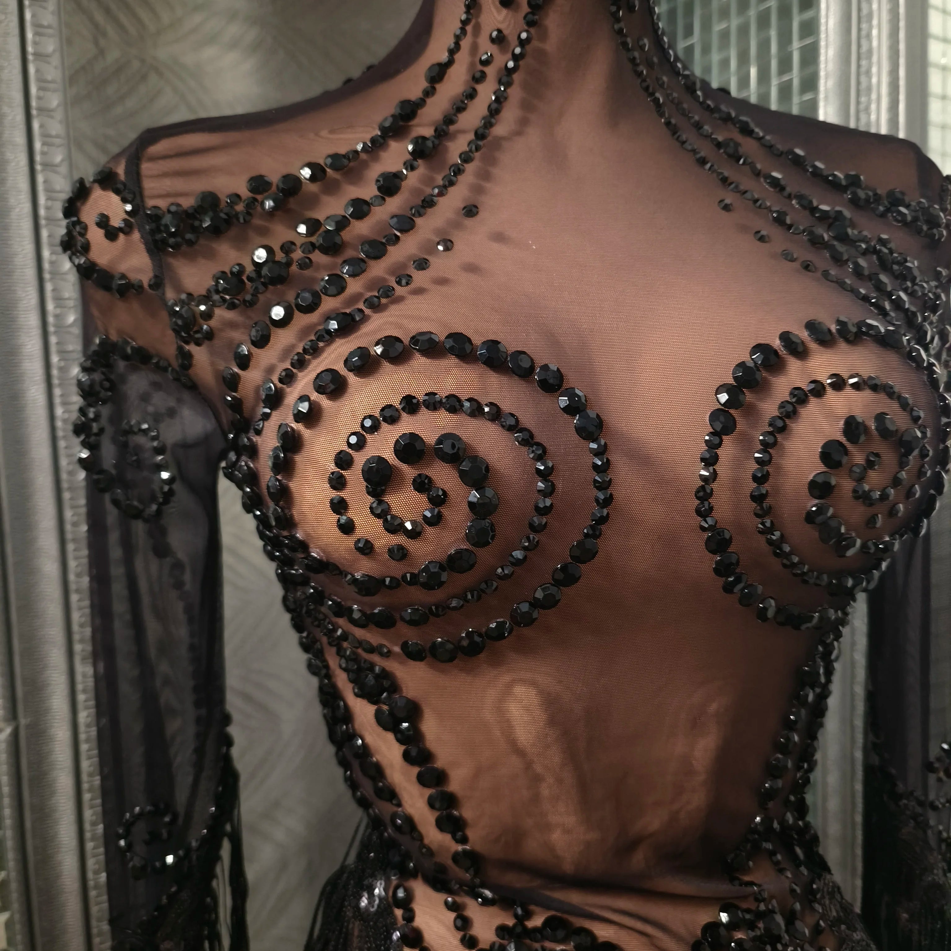 Women Sexy Mesh Silver Black Crystal Stretchy Night Club See Through Singer Dancer Tassel Stage Costume Mini Party Dress