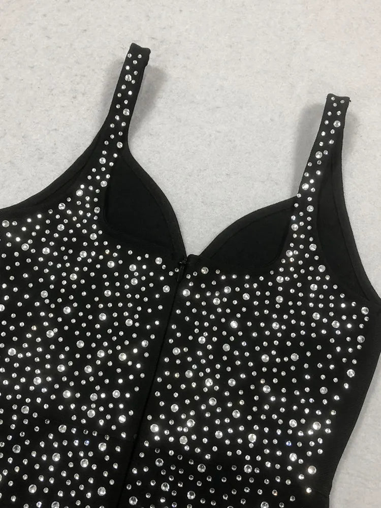 Women Sexy V Neck Diamonds Beading Black Maxi Long Celebrity Bodycon Bandage Dress 2025 Elegant Evening Club Party Dress