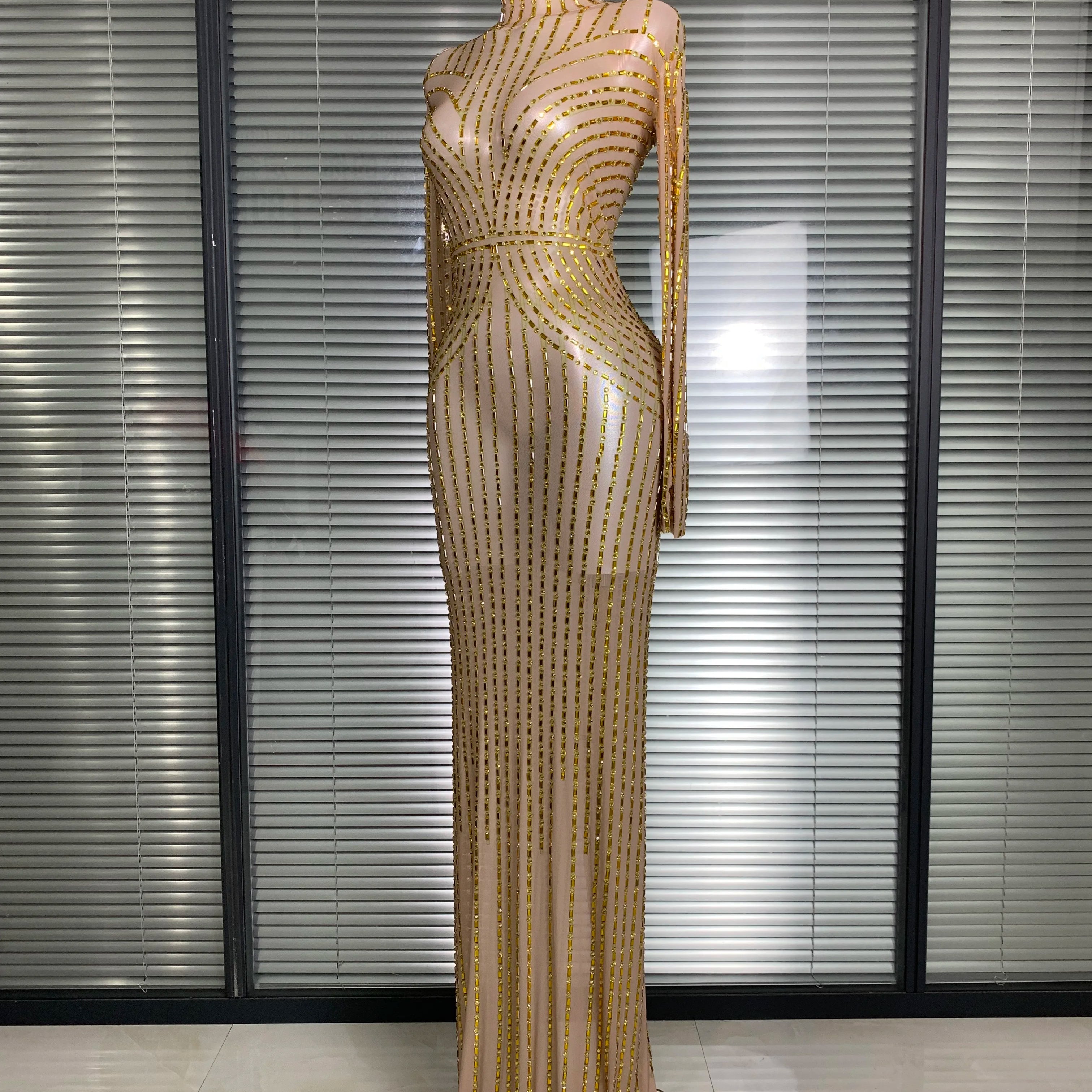 Women Sexy Long Sleeve Mesh Sequins Maxi Dress See Through Gold Silver Party Singer Party Costume Sheer Stage Performance Dress