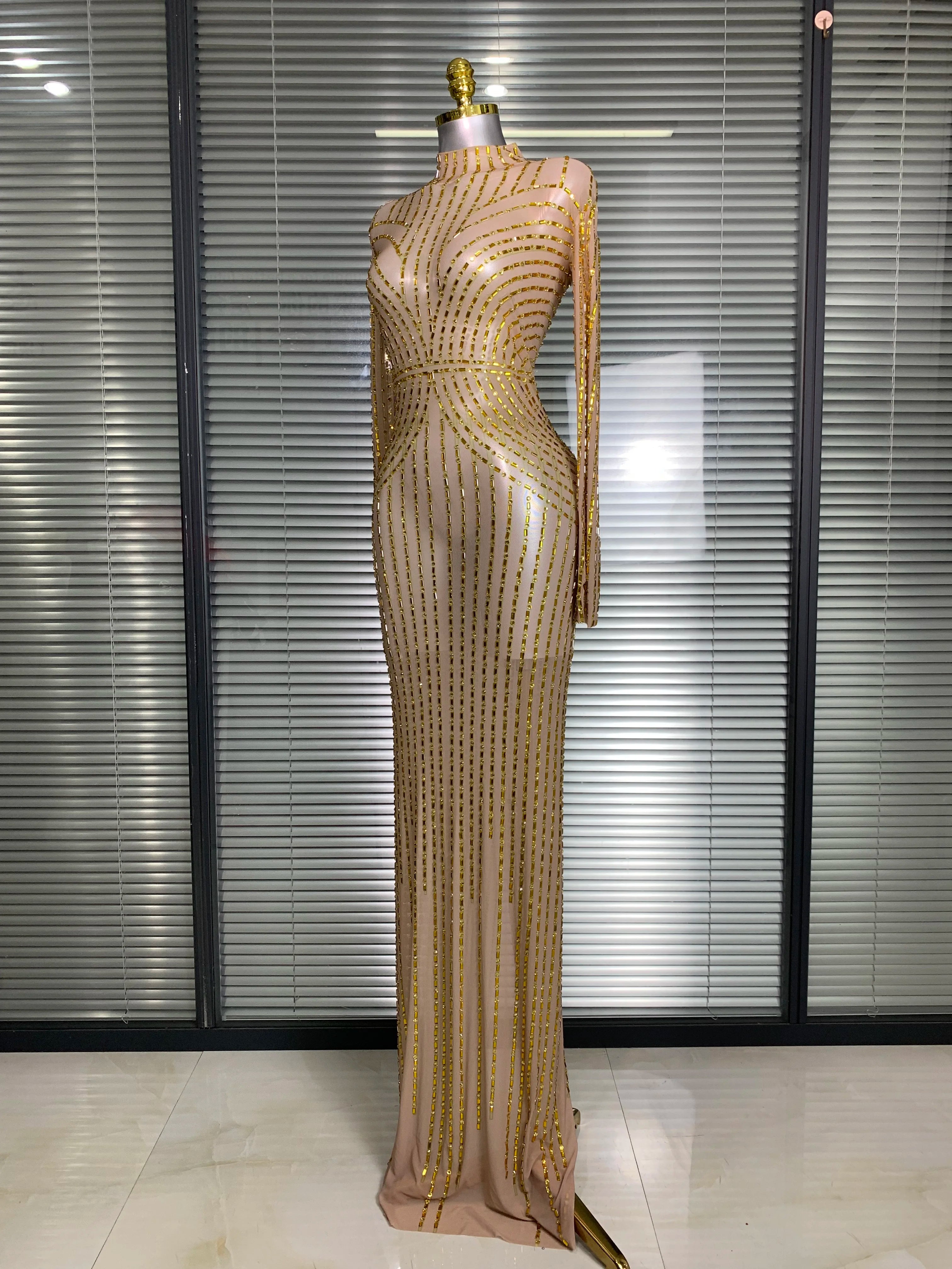 Women Sexy Long Sleeve Mesh Sequins Maxi Dress See Through Gold Silver Party Singer Party Costume Sheer Stage Performance Dress