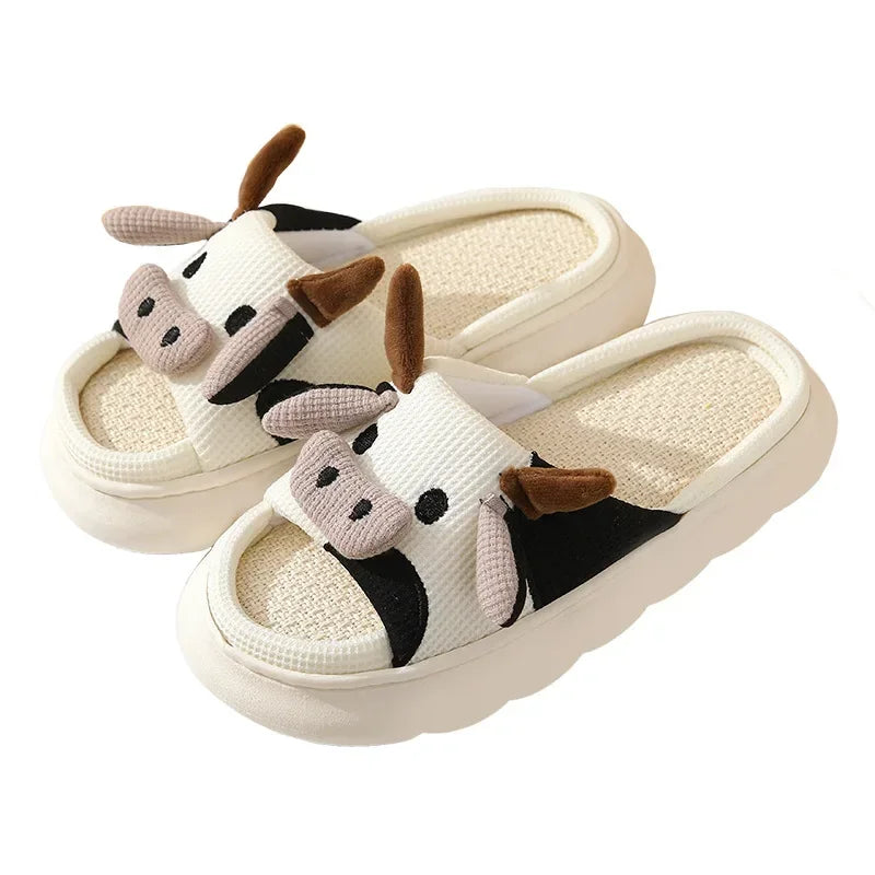 Women Milk Cow Linen Slippers Four Seasons Men Indoor Sandals Adults Cartoon Slides Couples Cute Breathable Home Shoes