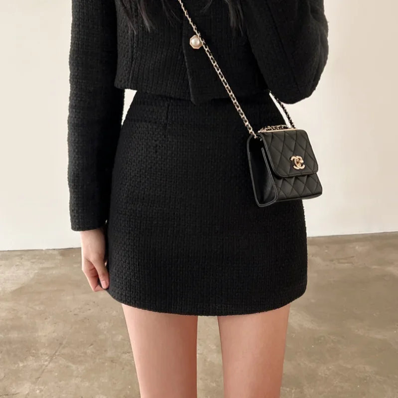 Spring New Single Breasted Tweed Jackets Coat + High Waist Mini Skirt 2 Piece Sets Women Outfit Elegant Luxury Office Suit