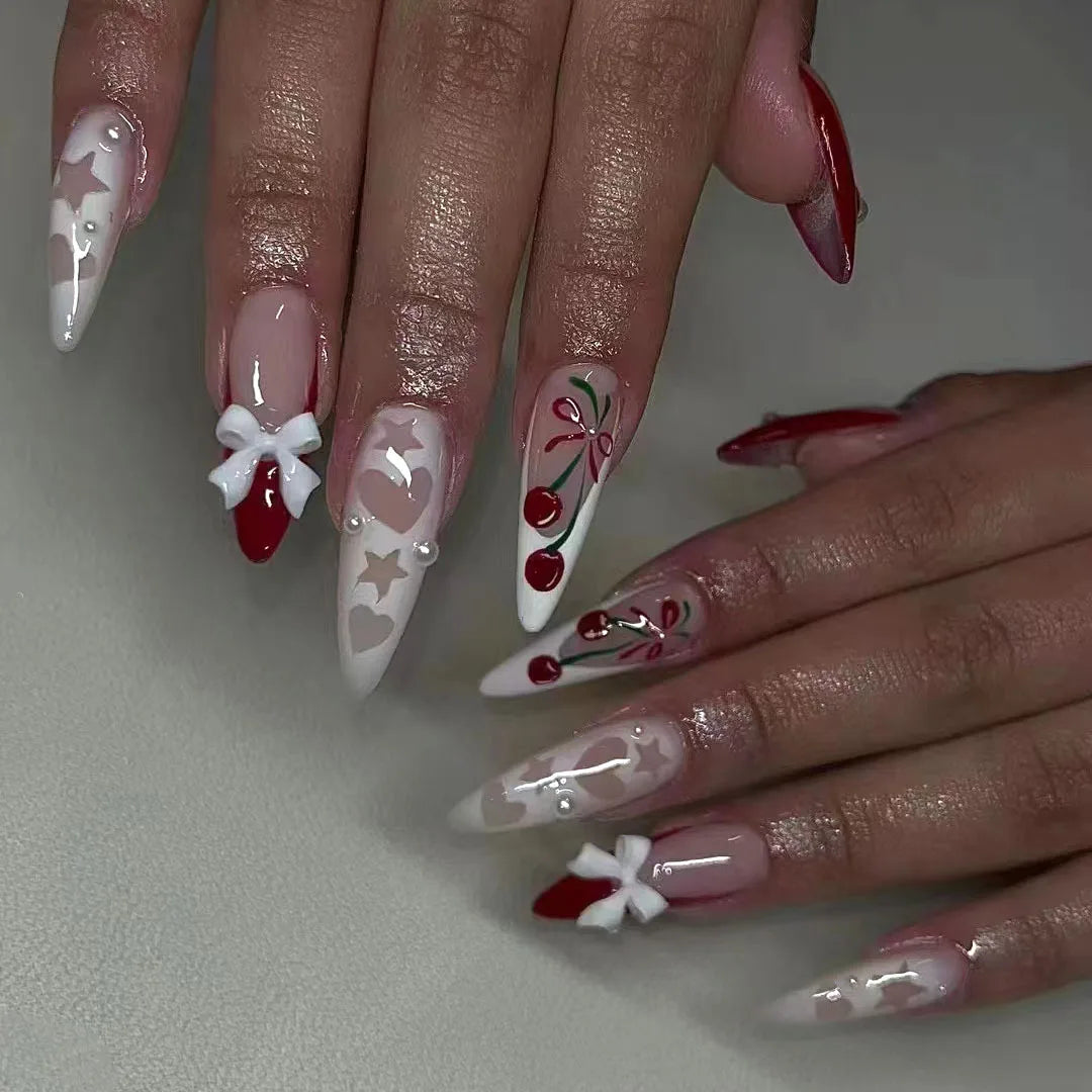 24Pcs French False Nails With Purple Edge  Almond Bow Flower Design Detachable Acrylic Fake Nails Long Stiletto Press On Nails