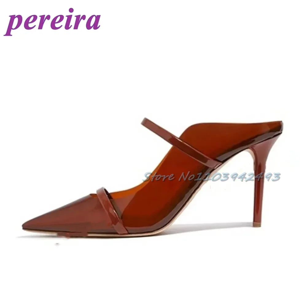 Transparent Blue PVC Sandalias De Mujer Pointed Toe Heeld Sandals Shallow Strappy Heels Women Luxury Designer Shoes 2025 Mules