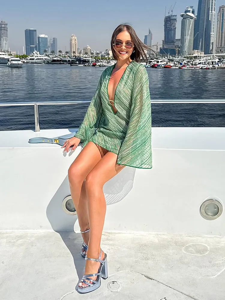 Summer Chic Shiny Striped Mini Dress Women Metal Ring Deep V-neck Flare Long Sleeve Robe New Female Evening Party Vestidos 2025