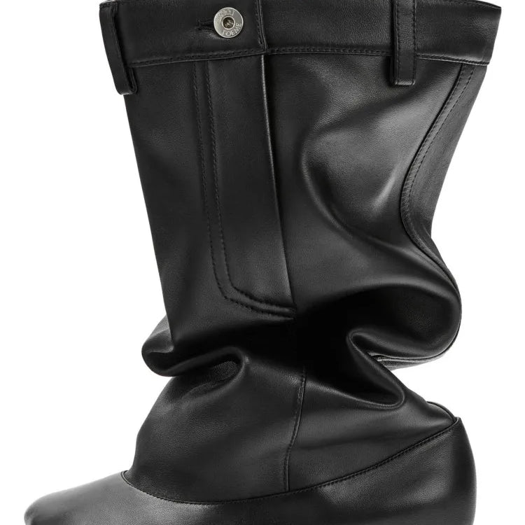 Women's High Rise Knee Length Women's Boots Fashion Size 43 Large Flat Bottom High Barrel Mid Sleeve Women's Boots 552Black Short Style