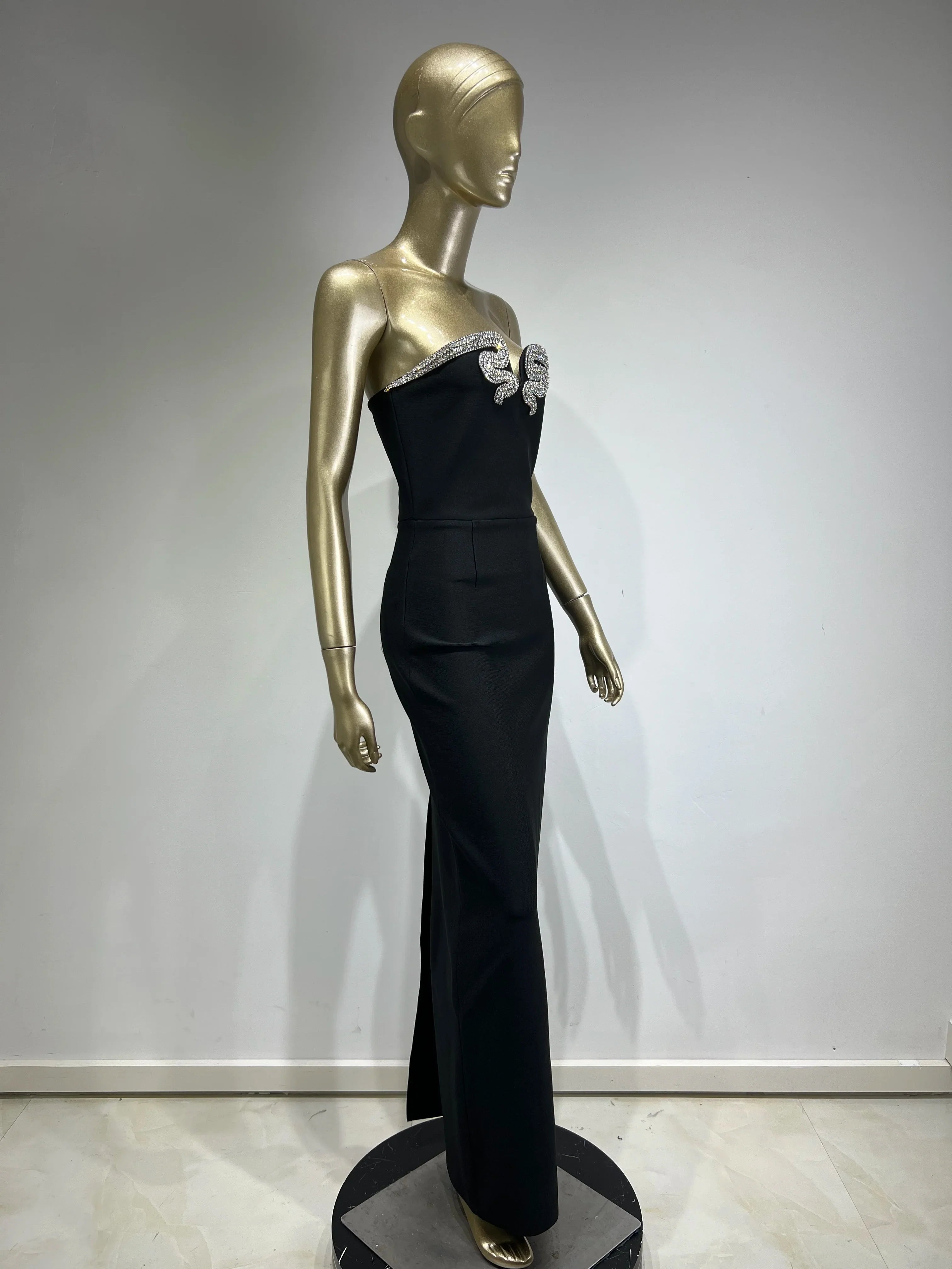 Vestido longo preto longo, sem alças, colado ao corpo, elegante, para festa noturna, celebridades, sexy, sem costas, diamantes