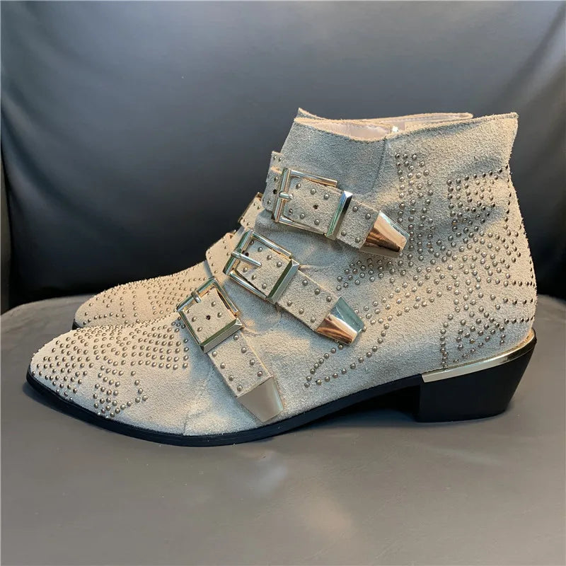 Women's Ankle Boots Rivet Flower Susanna Studded Cowboy Boots Genuine Leather Luxury Shoes Ladies Botines Mujer