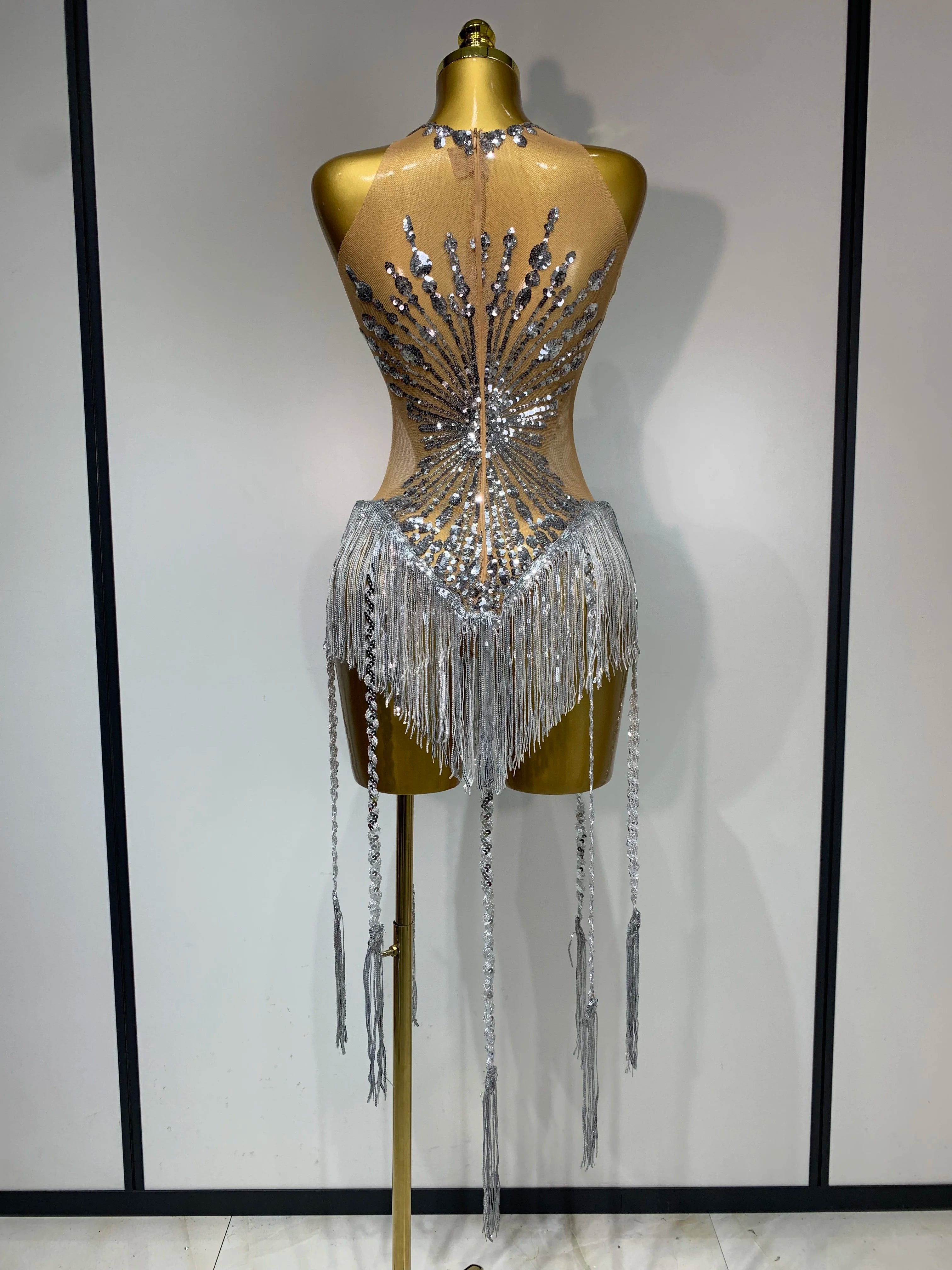 Women Sexy Mesh See Through Diamonds Long Tassels Bodysuit Luxury Evening Party Bar Nightclub Stage Performance Singer Outfit