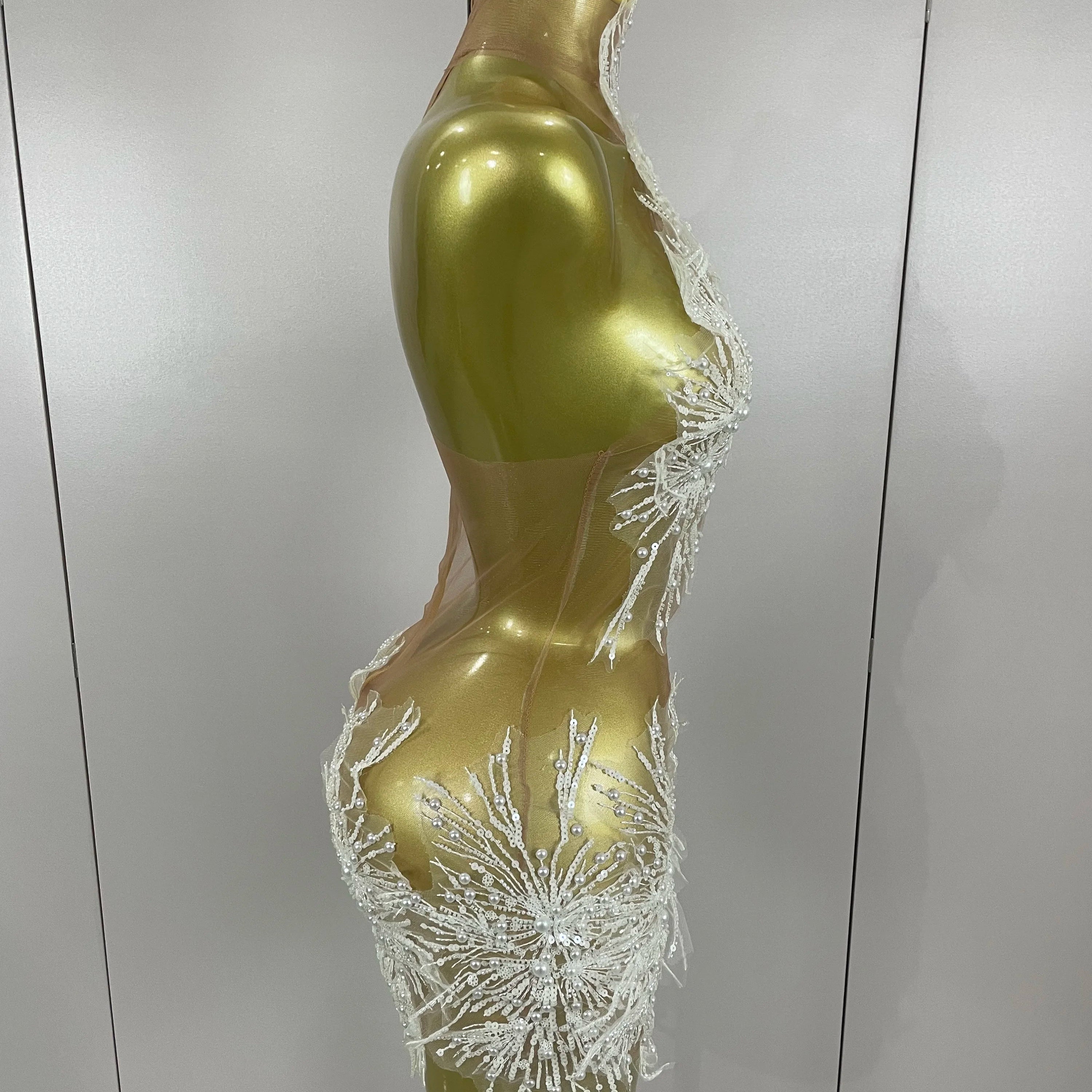 Stock Women Sexy Mesh See Through Pearl Lace Party Mini Dress Celebrate Birthday Photo Shoot Wear Performance Stage Costume