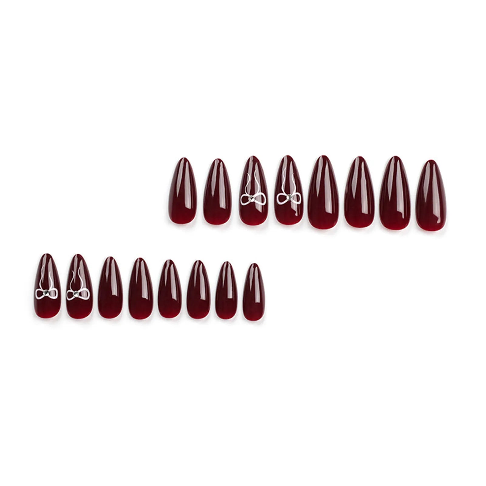 Wine Red Almond Fake Nails Women Valentine's Day Charm Manicure 24Pcs Year Party Press On Nails Bowknot Printed Nails Art