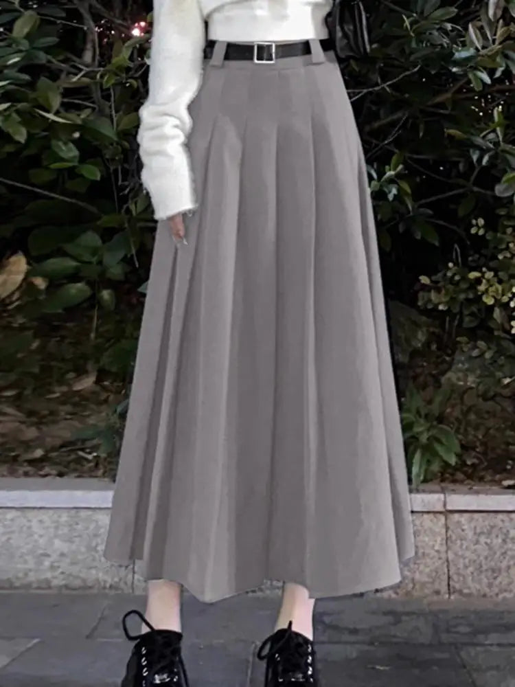 Women High Waist Jupe Korean Fashion Pleating Skirt Vintage Office Lady Spring Falda Holiday Loose Solid Maxi Skirts GRAY