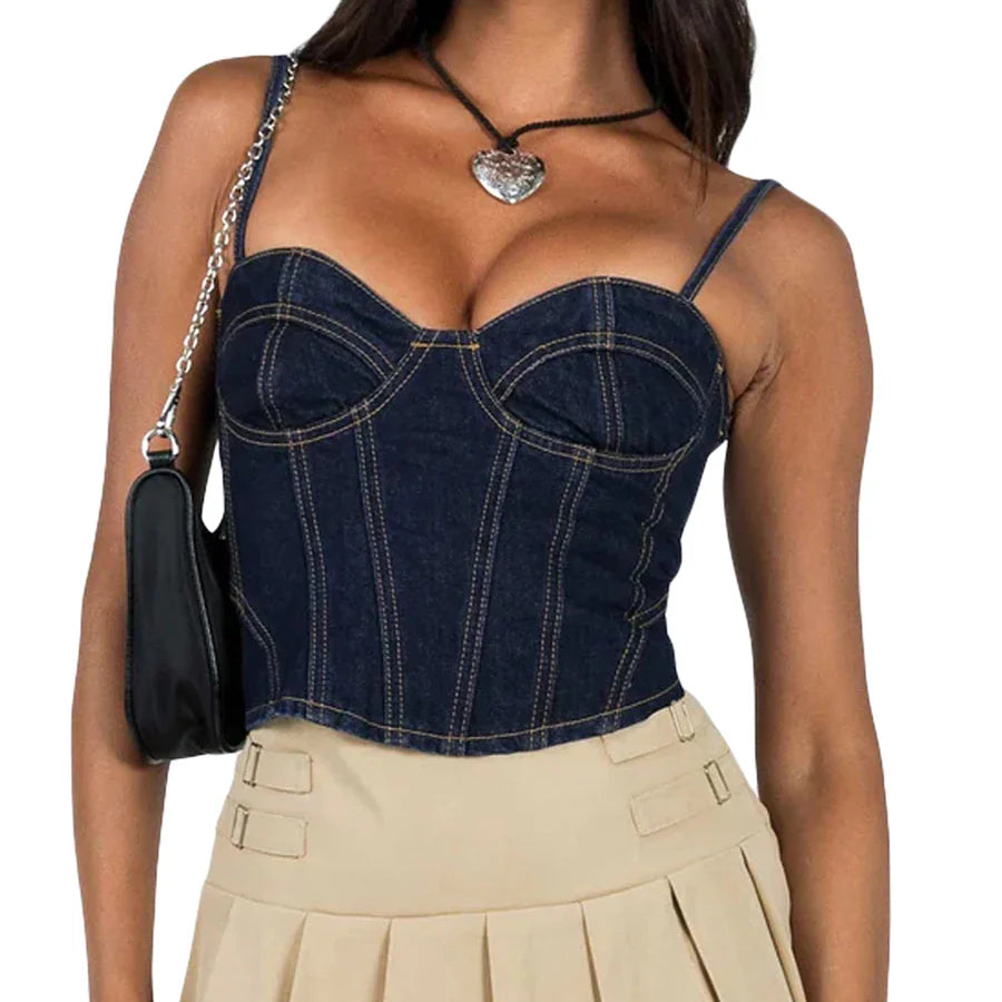 Women Denim Camisole, Spaghetti Straps Backless Lacing Slim Fit Summer Tops for Party Club