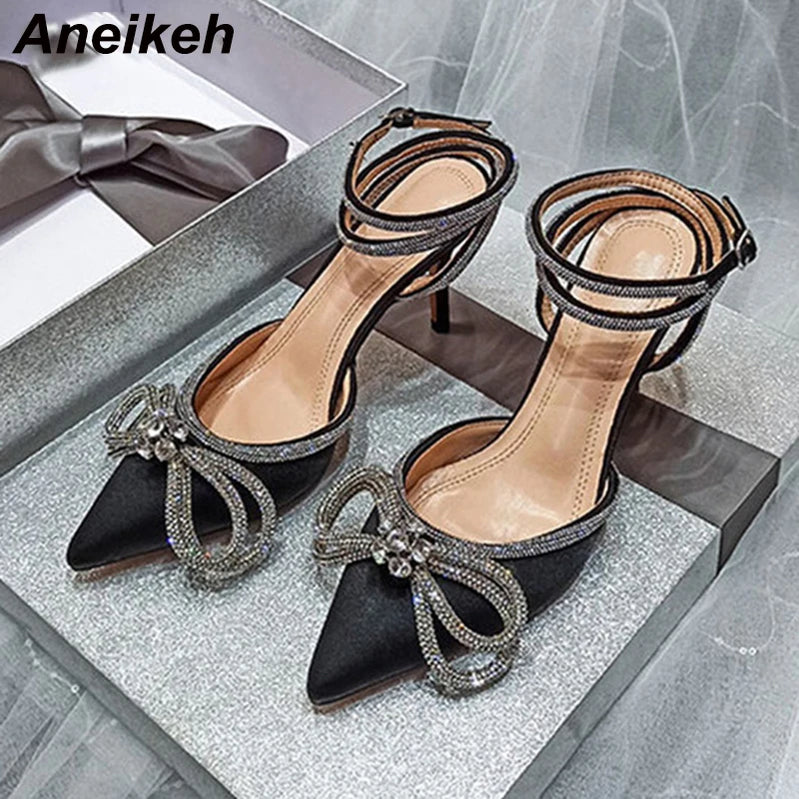 Women's Shoes Fashion Butterfly-Knot Narrow Band Bling Patchwork Cross-Tied Crystal Pointed Toe Pumps 9.5CM-Black