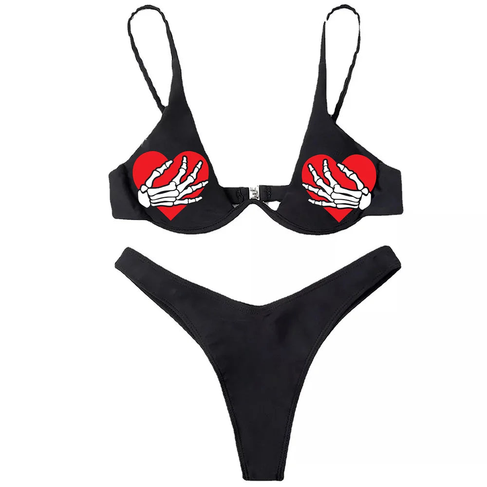 Sexy Goth Bikini 2023 Women Letters Skull Print Swimsuit Split Bathing Suit High Waist Gothic Bikinis Sets Beach Outfits 14