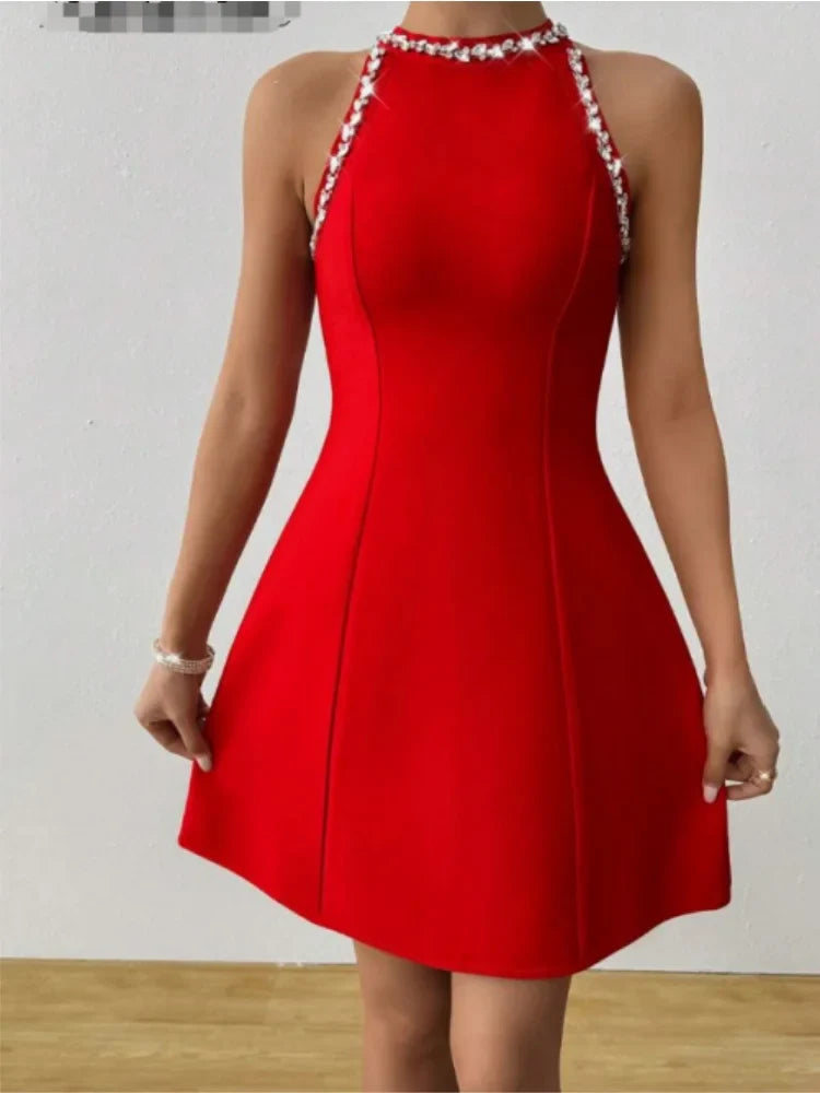 Red Black Women Sleeveless Sexy Shinning Crystal A-Line Mini Bandage Dress Celebrate Birthday Party Girls' Vacation Outfit