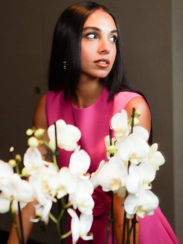 VC Women' Birthday Party Dress Sweet Sexy Waist Hollow Out 3D Flower Hot Pink Bandage Stretch A-Line Mini Dress