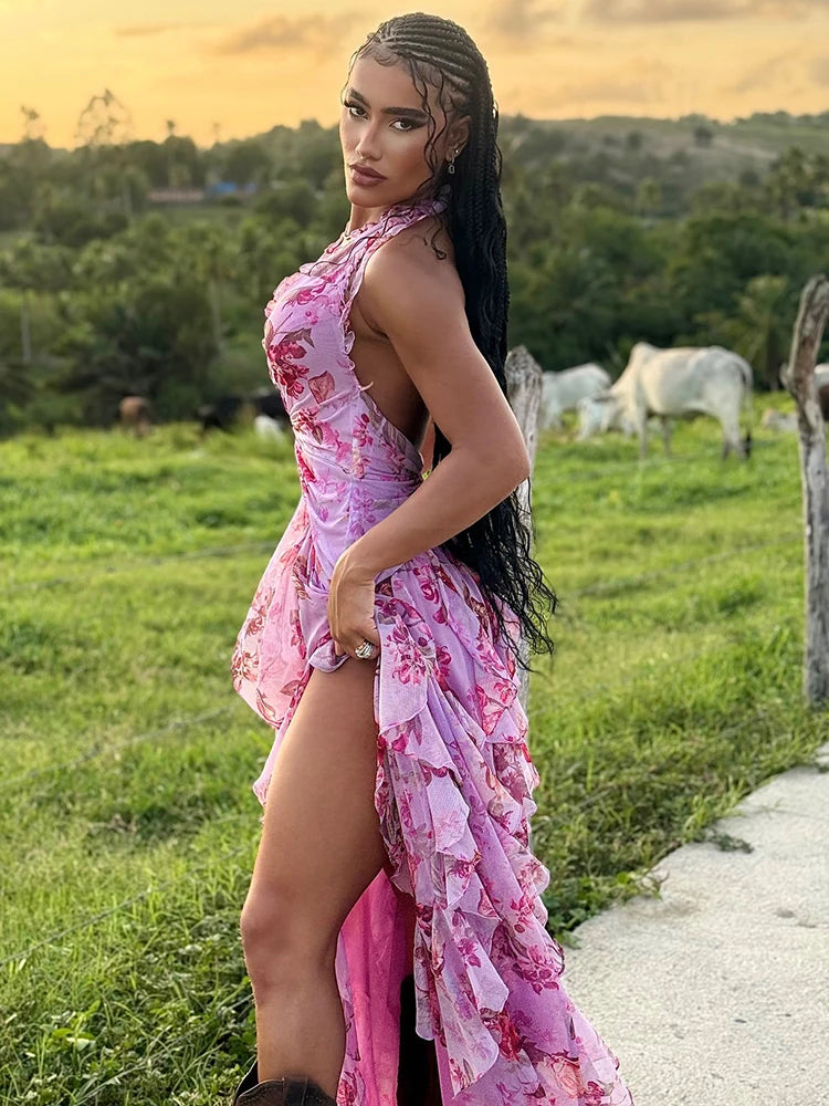 VC Elegant Pink Floral Halter-Style Ruffled Dress with Side Slit for High-Profile Outdoor Occasions Evening Gown