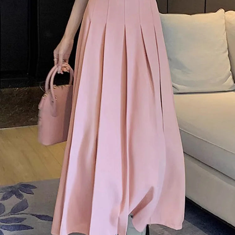 Women High Waist Jupe Korean Fashion Pleating Skirt Vintage Office Lady Spring Falda Holiday Loose Solid Maxi Skirts Pink
